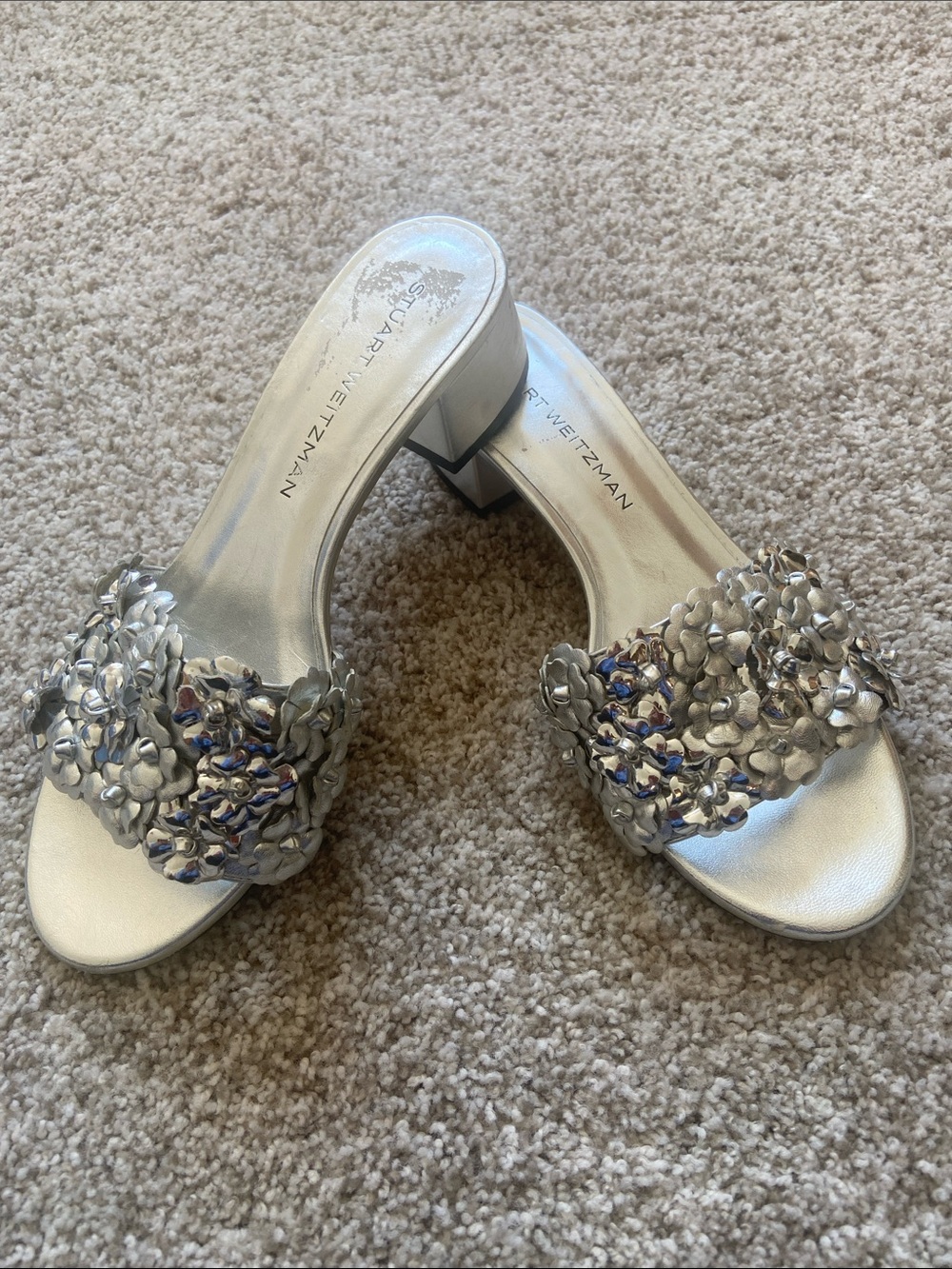 Stuart Weitzman Silver Floral Appliqué Block Heel Slides